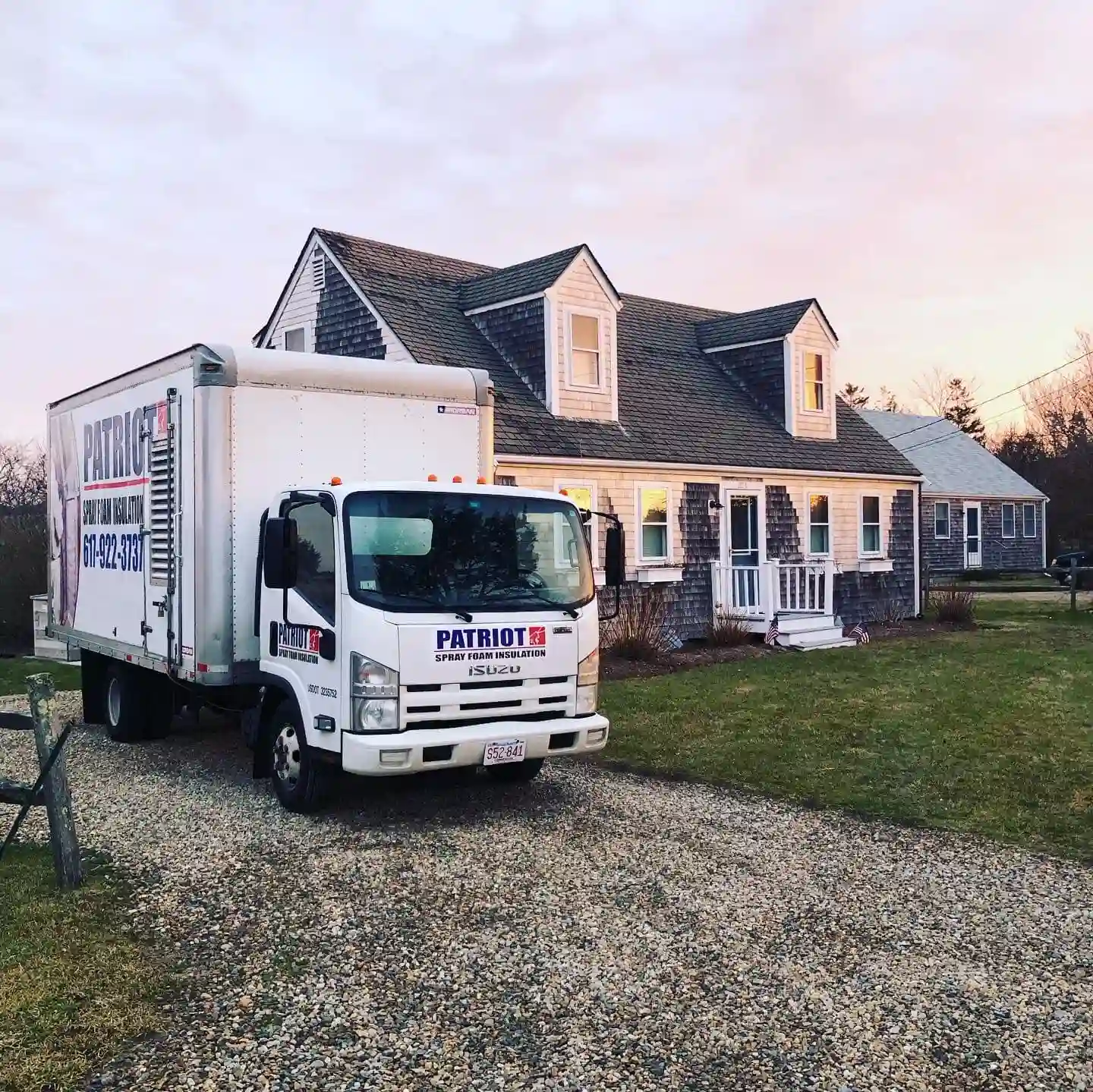 Patriot Spray Foam Insulation truck parked at a Massachusetts home